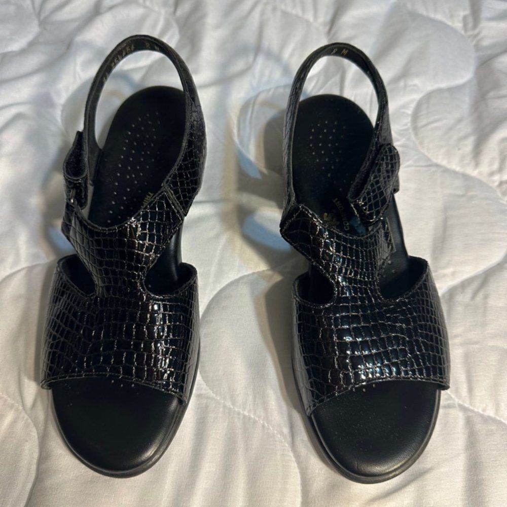 SAS Suntimer Women’s 8M Black Croc Print Leather Slingback Sandal Shoes